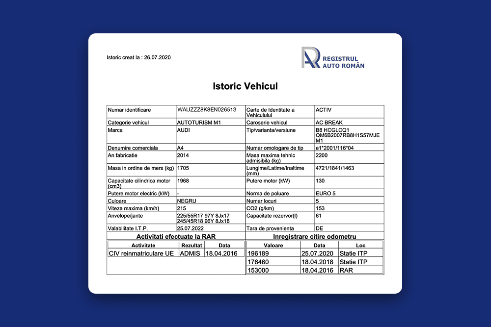 model raport registrul auto roman istoric vehicul verificare vin